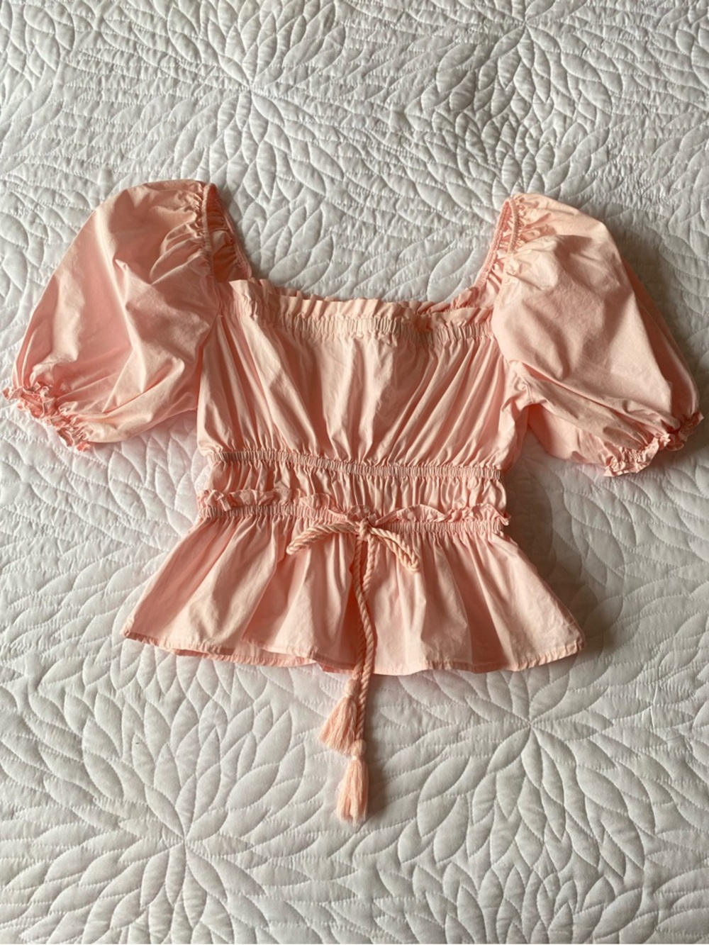 Moon River Pastel Pink Puff Sleeve Peplum Top